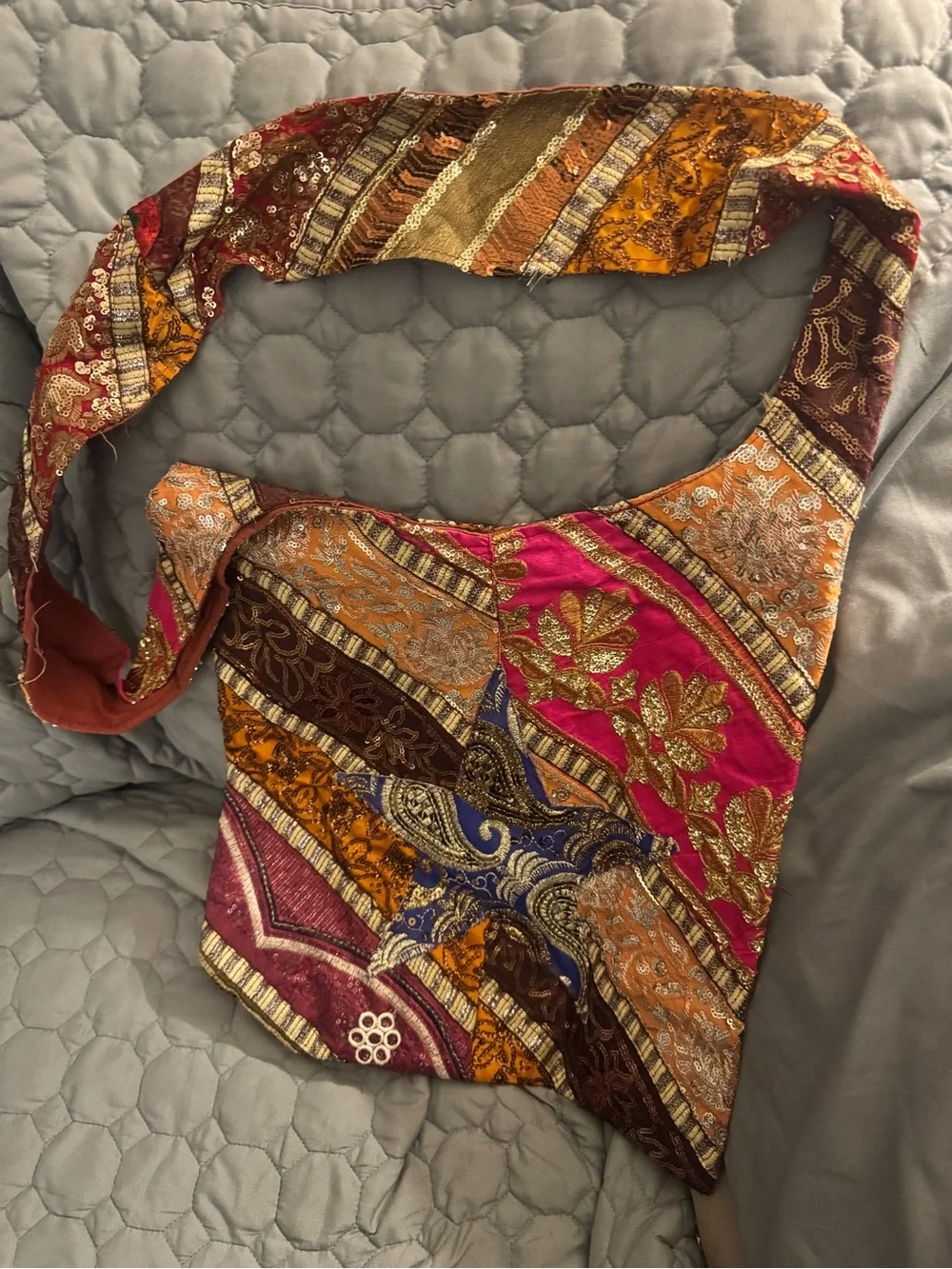 Boho Patchwork Crossbody Bag in Pink, Gold & Blue